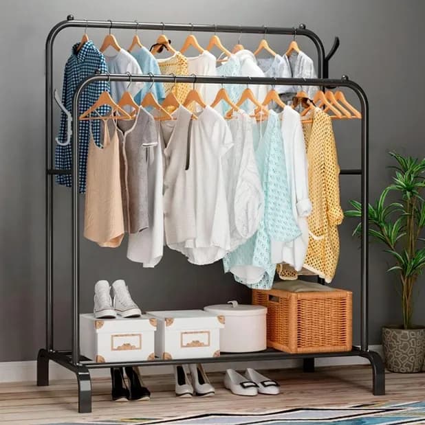 Подвійна стійка – вішалка для одягу Double floor Hanger з полицею для взуття, Ш104хГ41.5хВ152 - зображення 1