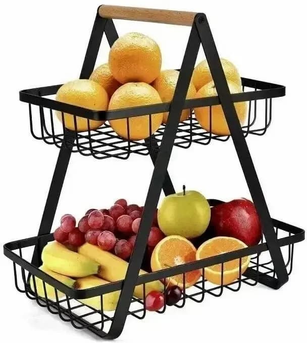 Настільний двоярусний кошик - фруктівниця з дерев'яною ручкою Double Fruit Basket · Розбірний металевий кошик для фруктів - зображення 1