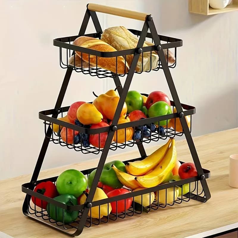Настільний триярусний кошик - фруктівниця з дерев'яною ручкою Triple Fruit Basket · Розбірний металевий кошик для фруктів - зображення 1