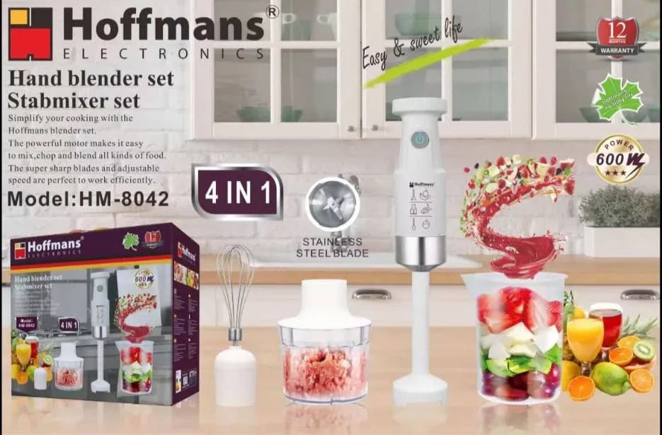 Занурювальний блендер Hoffmans 4 в 1 600W HM-8042 • Багатофункціональний блендер з насадками для збивання та подрібнення - зображення 1