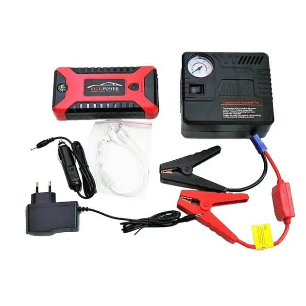 Пускозарядний пристрій червоний JUMP STARTER JX27 WITH PUMP 99800 мАг • Автомобільний стартовий блок з компресором та зарядкою - зображення 1