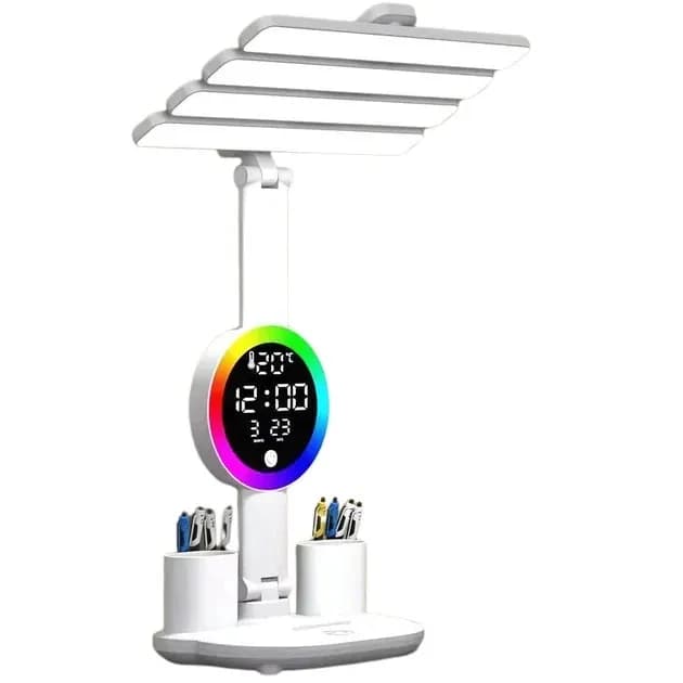 Настільна LED лампа KRX-104 з RGB-підсвіткою, вентилятором, годинником і підставкою - зображення 1