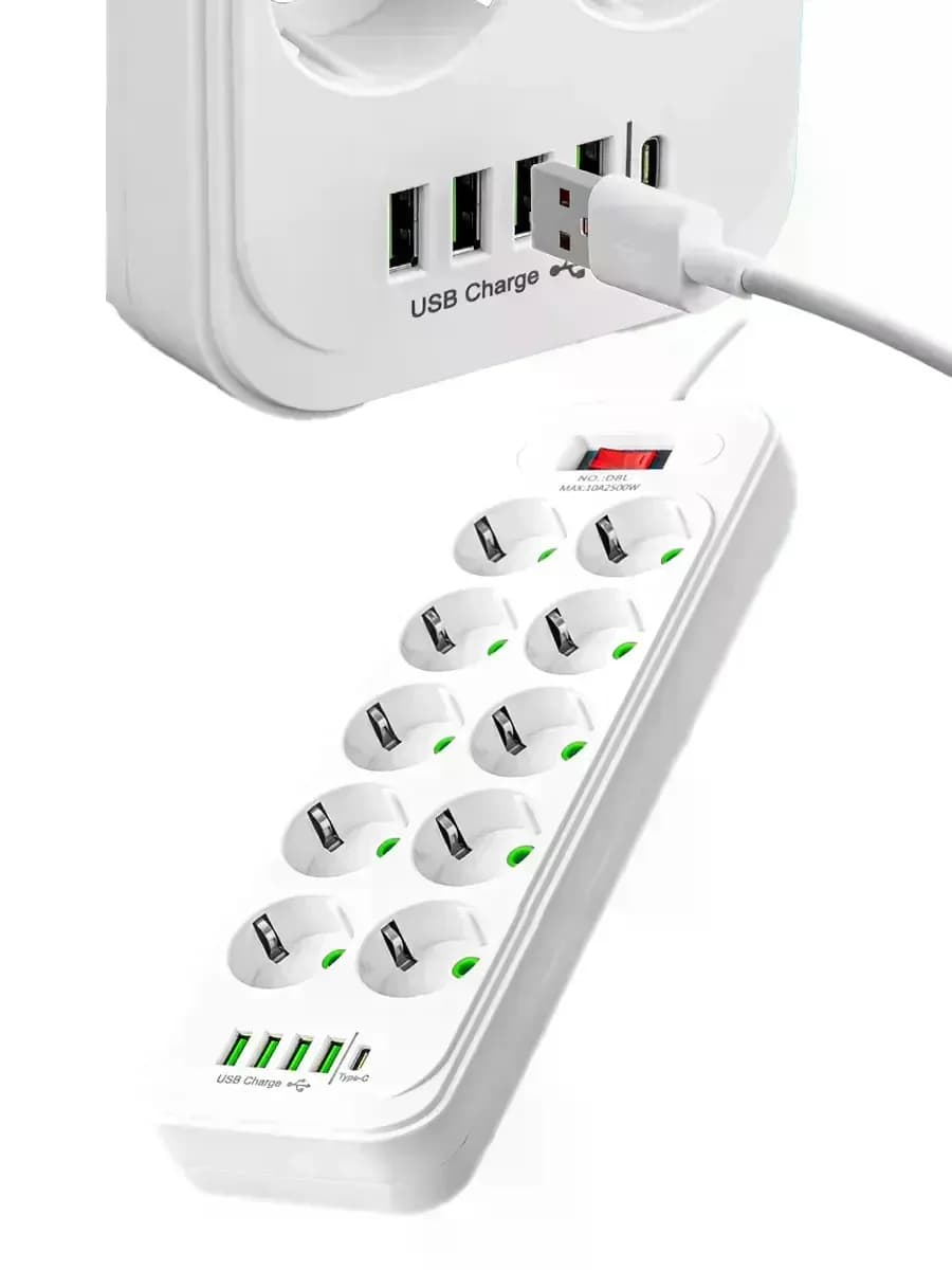 Мережевий подовжувач-фільтр PNS-02/D10 білий 5 м з LED-індикатором, 4 USB і PD Type-C - зображення 1