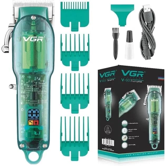 Професійна машинка для стрижки V-660 Professional Clipper Transparent Green • Акумуляторна машинка для волосся VGR V-660 - зображення 1
